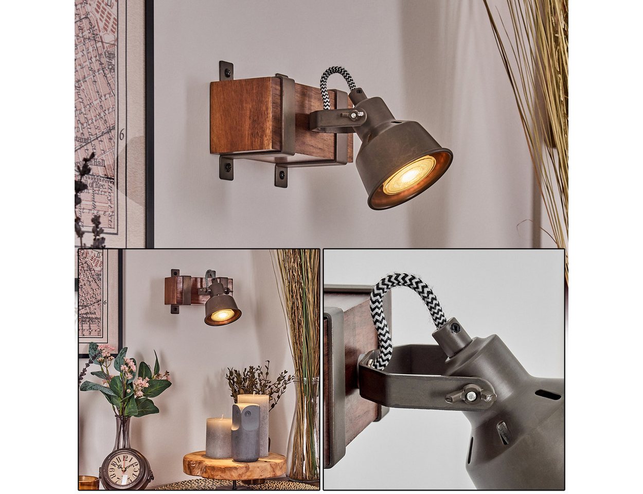 hofstein Wandleuchte Wandlampe aus Holz/Metall in Dunkelbraun/Stahlfarben, ohne Leuchtmittel, Leuchte im modernen Industrial Design mit verstellbarem Schirm, E27 Bild 5