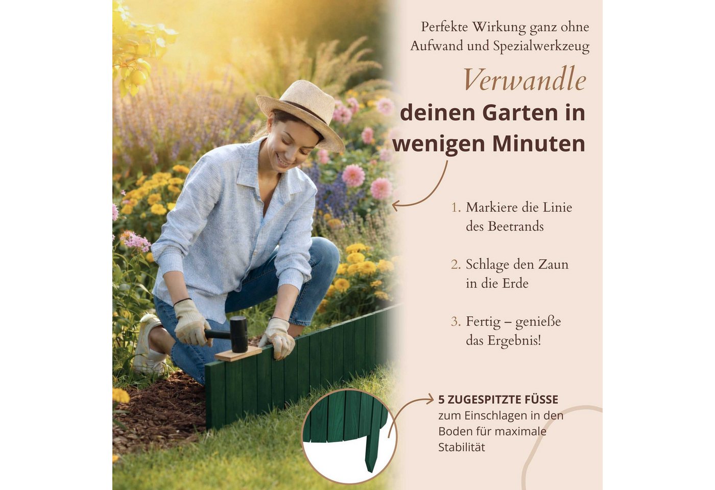 Floranica Beetbegrenzung Beeteinfassung Flexibler Rollborder Rasenkante Beetumrandung Palisade, LxH: 200x10 cm, 1 Stk., Grün, für Blumen und Kräutergarten, Vorgarten, Wege, Rasenbegrenzung Bild 4