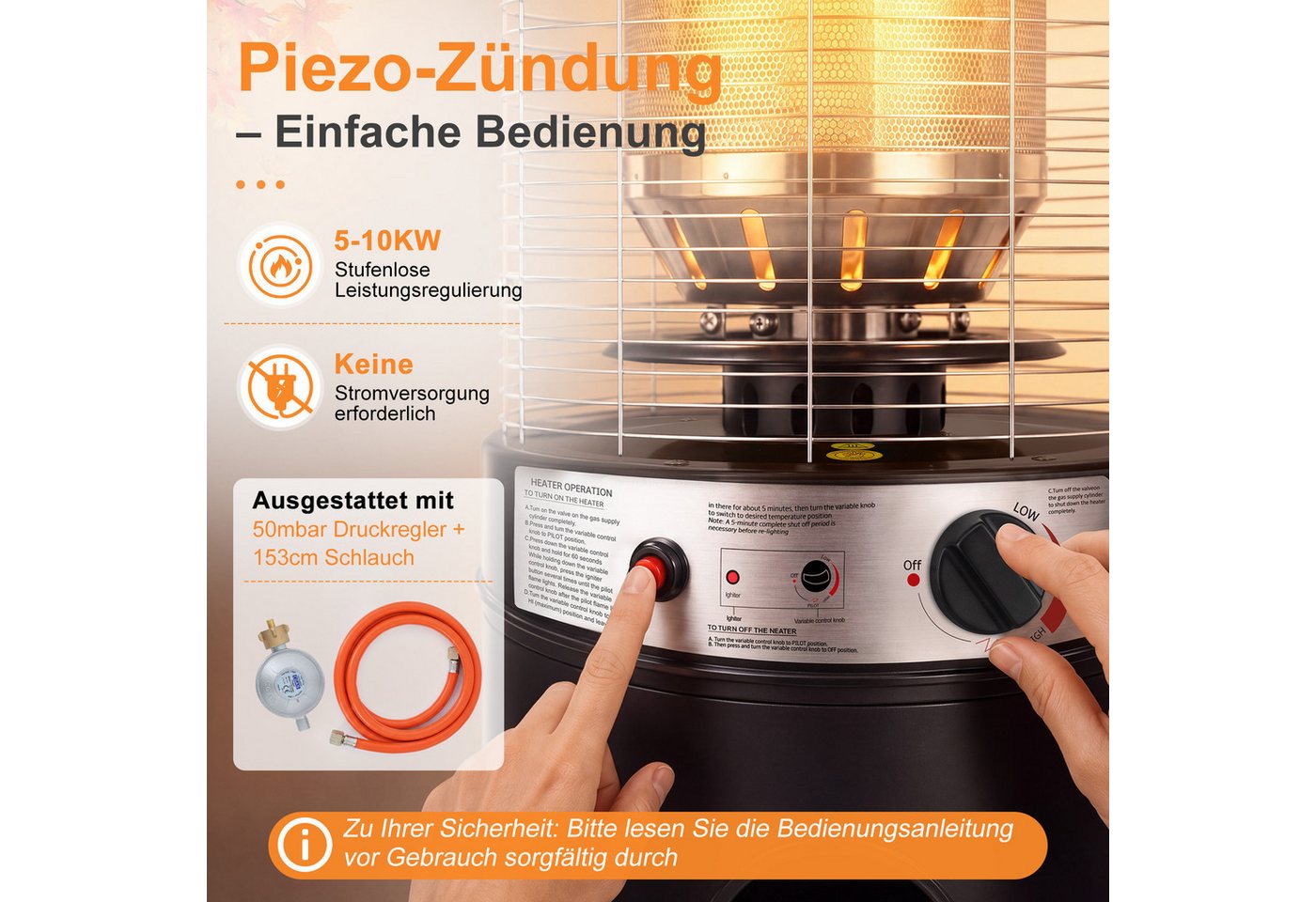 Nettlife Heizstrahler Terrasse Gas 10/13kW Mobiler Gasheizstrahler Terrassenheizer Schwarz, 136D x 45.5W x 45.5H, Heizpilz Terrasse Kippschutz und Schutzhülle