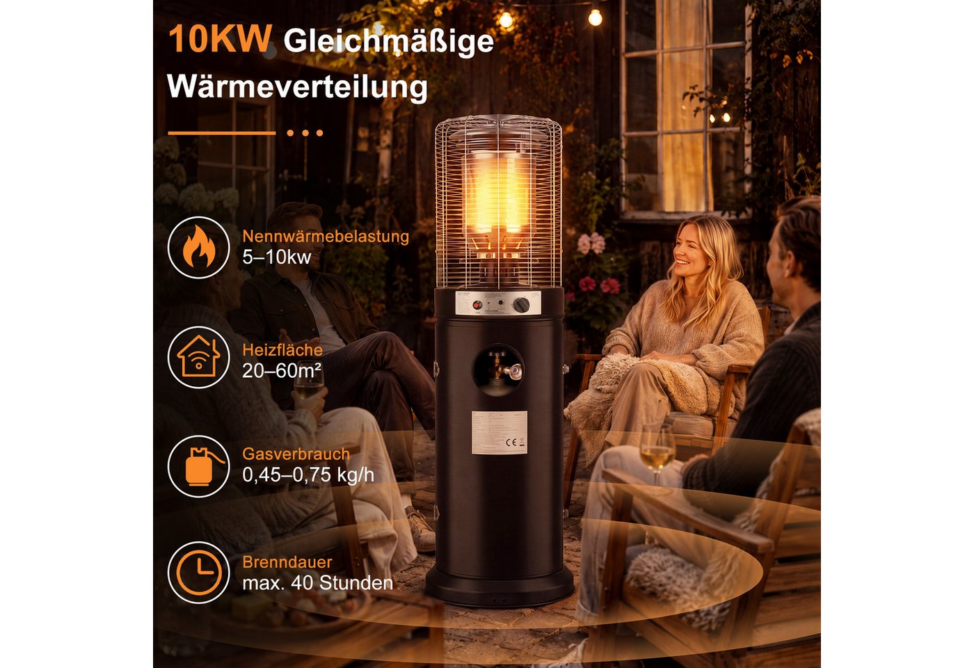 Nettlife Heizstrahler Terrasse Gas 10/13kW Mobiler Gasheizstrahler Terrassenheizer Schwarz, 136D x 45.5W x 45.5H, Heizpilz Terrasse Kippschutz und Schutzhülle Bild 2