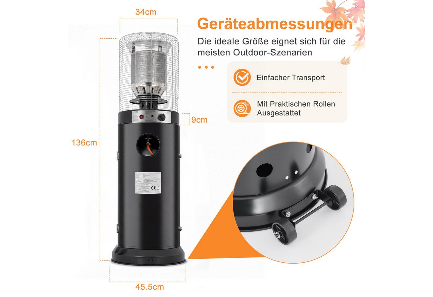 Nettlife Heizstrahler Terrasse Gas 10/13kW Mobiler Gasheizstrahler Terrassenheizer Schwarz, 136D x 45.5W x 45.5H, Heizpilz Terrasse Kippschutz und Schutzhülle Bild 5