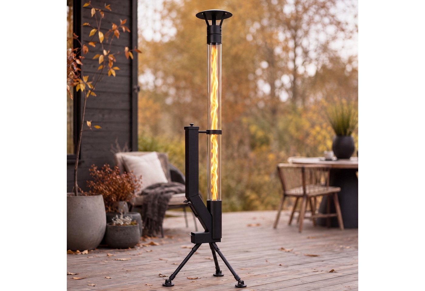 Nettlife Gartenkamin Pelletfackel Outdoor Pellet Terrassenheizer Glasrohr 167cm 2H, Terrassenfeuer Regenkappe Reinigungsbürste Feuersäule für Garten