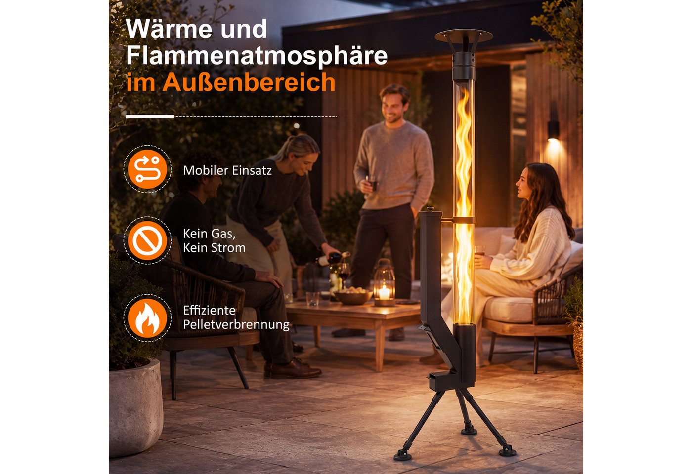 Nettlife Gartenkamin Pelletfackel Outdoor Pellet Terrassenheizer Glasrohr 167cm 2H, Terrassenfeuer Regenkappe Reinigungsbürste Feuersäule für Garten Bild 3