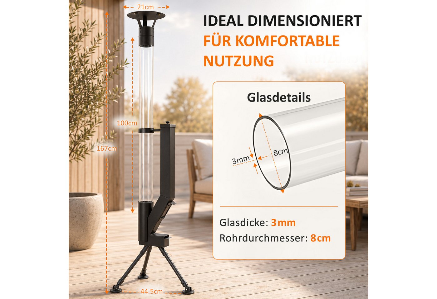Nettlife Gartenkamin Pelletfackel Outdoor Pellet Terrassenheizer Glasrohr 167cm 2H, Terrassenfeuer Regenkappe Reinigungsbürste Feuersäule für Garten Bild 5