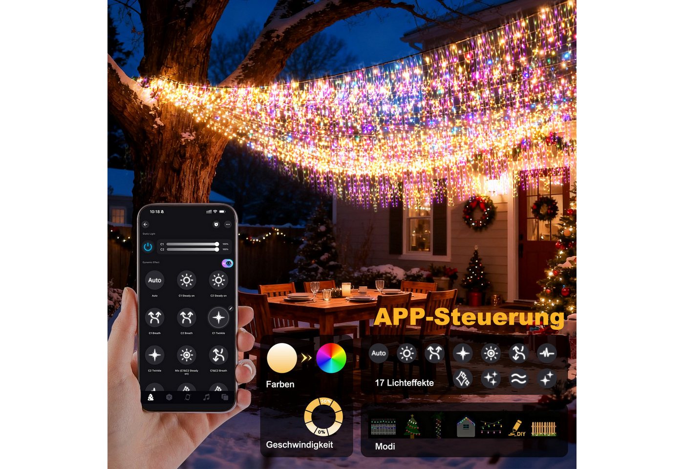 Circlio LED-Lichtervorhang 5-45m LED Eiszapfen-Lichterkette Außen mit App, Timer & Fernbedienung, 17 Modi, Musikmodus, Timer, IP65, Warmweiß/Kaltweiß/Bunt