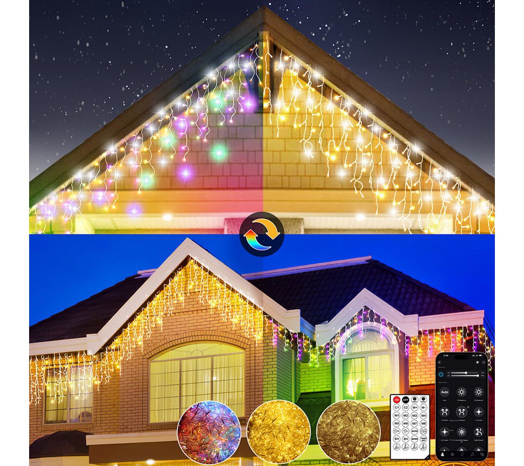 Circlio LED-Lichtervorhang 5-45m LED Eiszapfen-Lichterkette Außen mit App, Timer & Fernbedienung, 17 Modi, Musikmodus, Timer, IP65, Warmweiß/Kaltweiß/Bunt Bild 3