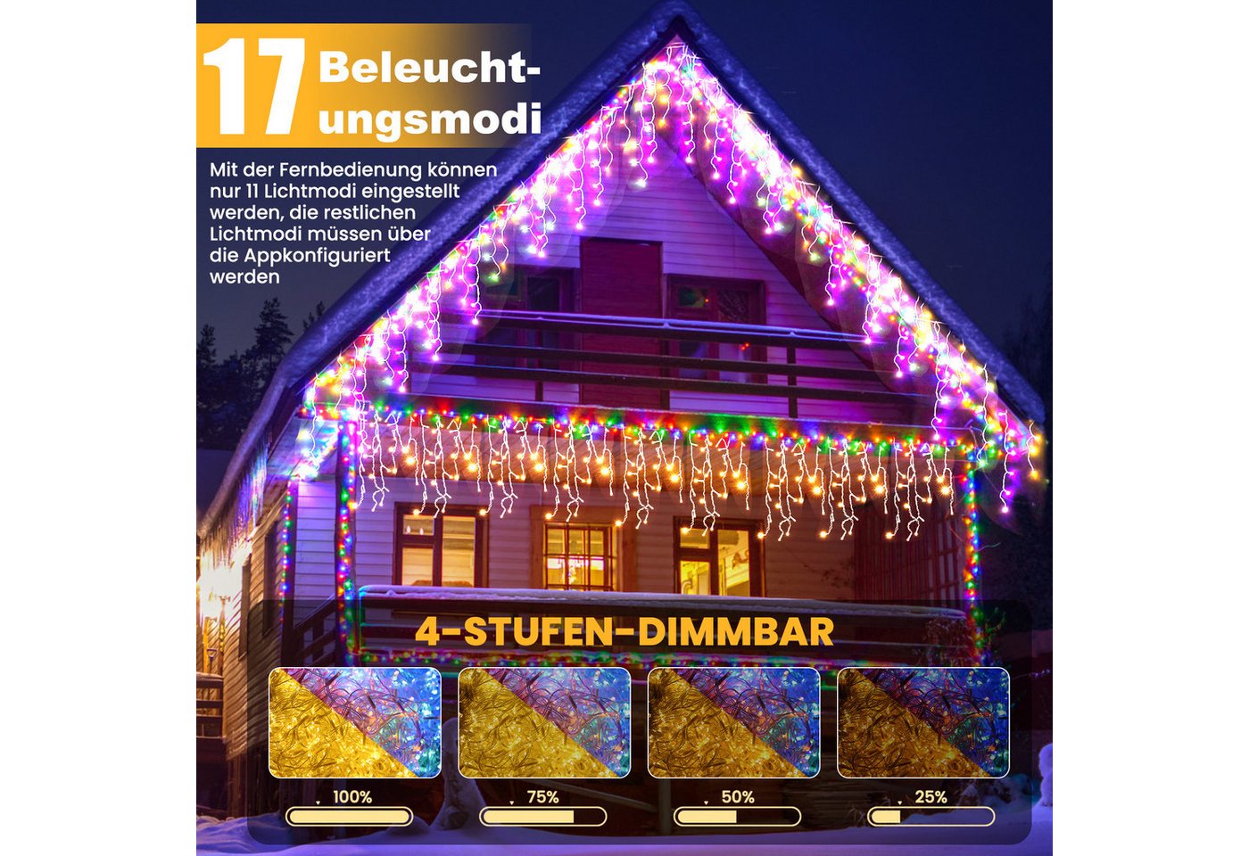 Circlio LED-Lichtervorhang 5-45m LED Eiszapfen-Lichterkette Außen mit App, Timer & Fernbedienung, 17 Modi, Musikmodus, Timer, IP65, Warmweiß/Kaltweiß/Bunt Bild 4
