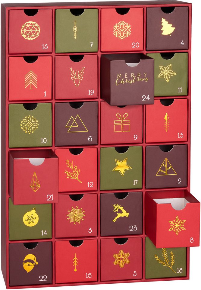 BRUBAKER befüllbarer Adventskalender DIY Weihnachtskalender mit 24 Türchen zum Befüllen - Rot Grün Gold (Traditionelles Weihnachten, 1-tlg), Kalender für Gutscheine Süßigkeiten 39 cm Pappe Bild 3