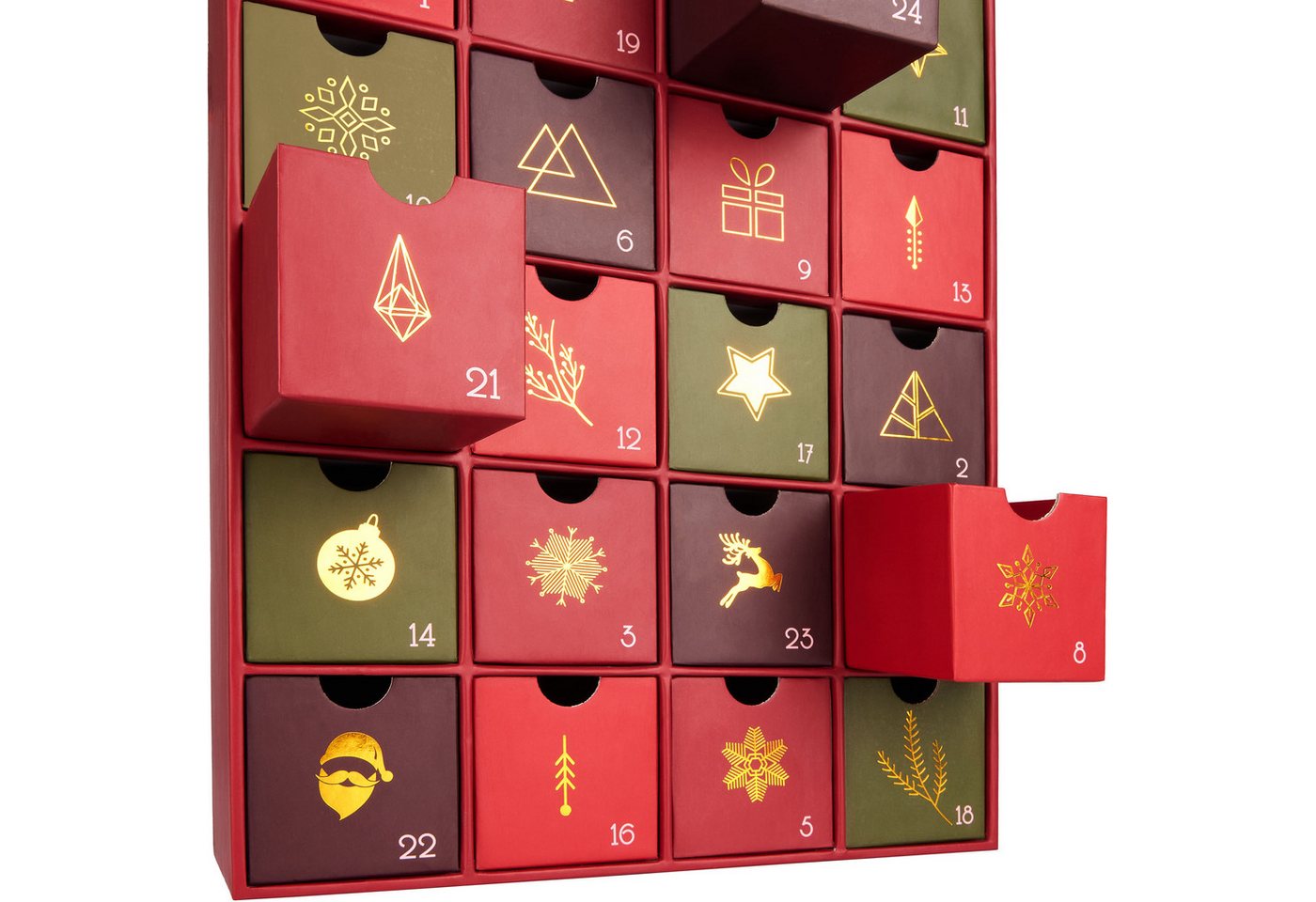 BRUBAKER befüllbarer Adventskalender DIY Weihnachtskalender mit 24 Türchen zum Befüllen - Rot Grün Gold (Traditionelles Weihnachten, 1-tlg), Kalender für Gutscheine Süßigkeiten 39 cm Pappe Bild 4