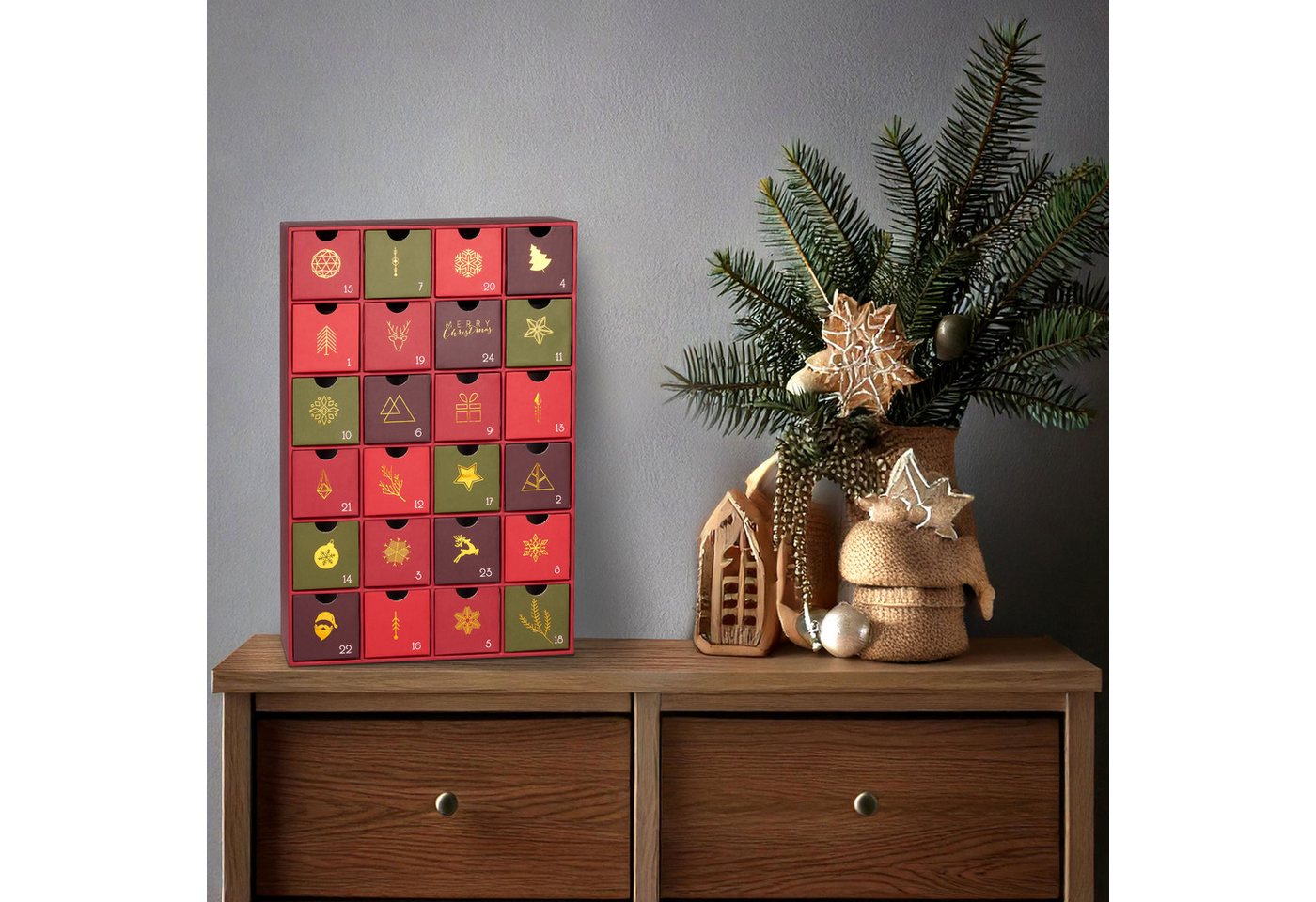 BRUBAKER befüllbarer Adventskalender DIY Weihnachtskalender mit 24 Türchen zum Befüllen - Rot Grün Gold (Traditionelles Weihnachten, 1-tlg), Kalender für Gutscheine Süßigkeiten 39 cm Pappe Bild 5