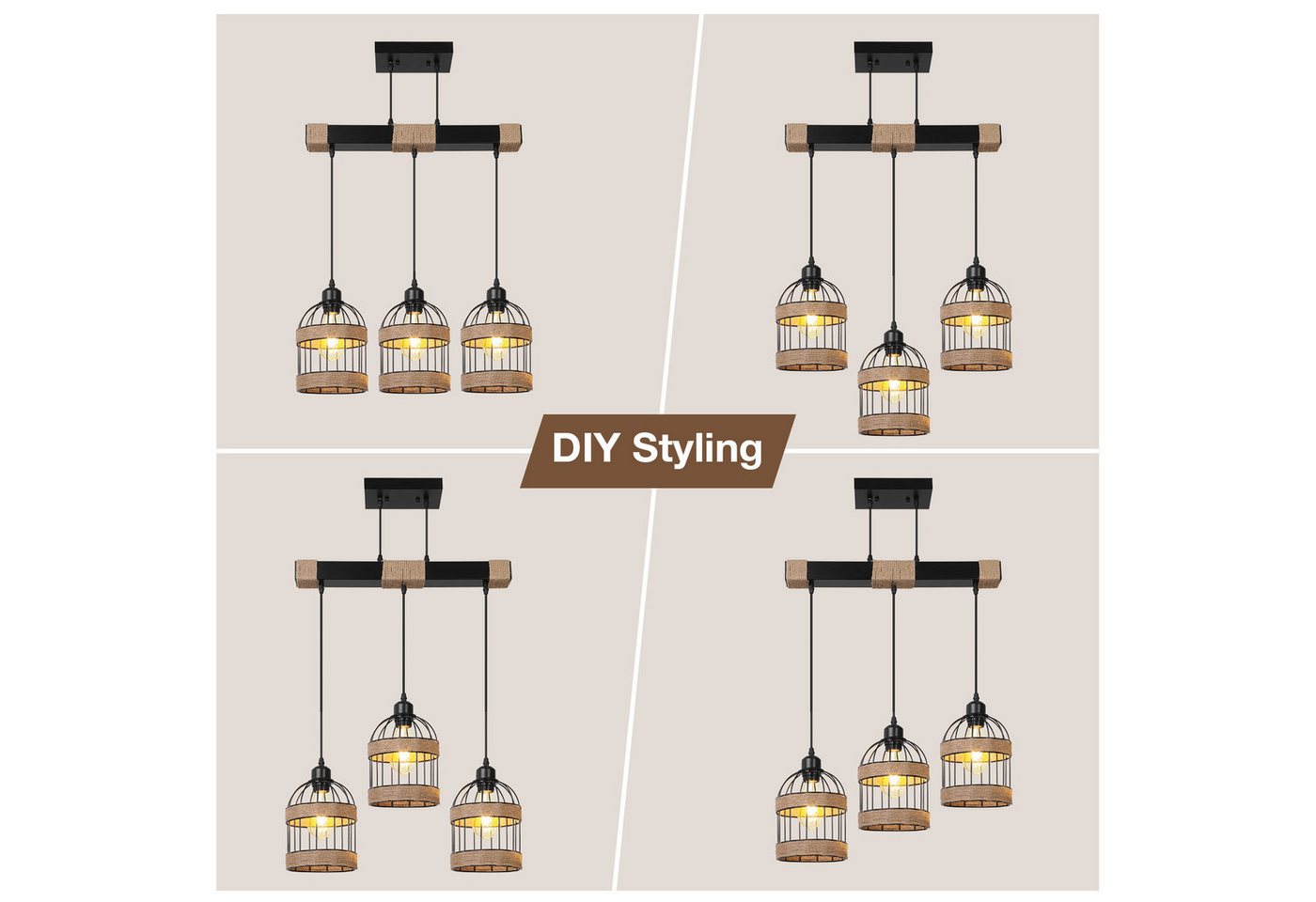 Rosnek LED Pendelleuchte 3-flammige Rattan Küchen Pendelleuchte, Höhenverstellbar & DIY, Halogen, warmweiß, Farmhouse Hängelampe für Kitchen Island & Esszimmer, Leuchtmittel inkl