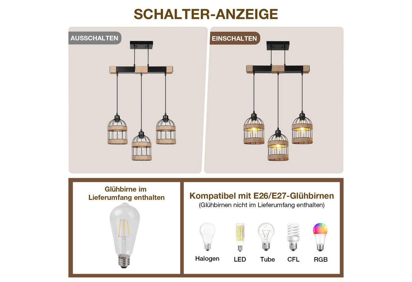 Rosnek LED Pendelleuchte 3-flammige Rattan Küchen Pendelleuchte, Höhenverstellbar & DIY, Halogen, warmweiß, Farmhouse Hängelampe für Kitchen Island & Esszimmer, Leuchtmittel inkl Bild 2