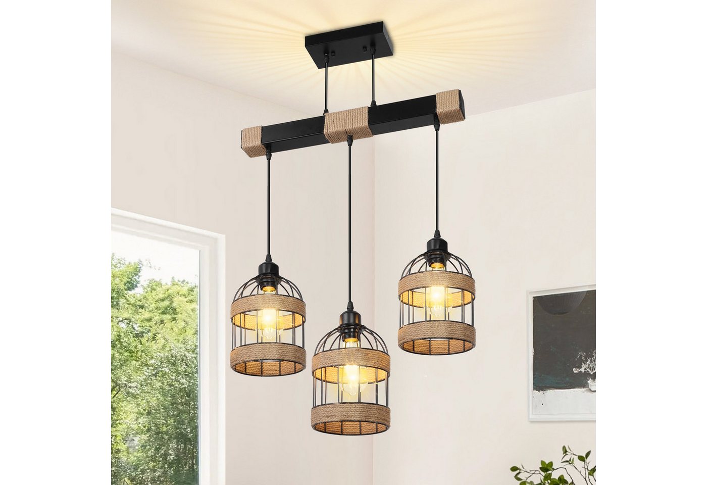 Rosnek LED Pendelleuchte 3-flammige Rattan Küchen Pendelleuchte, Höhenverstellbar & DIY, Halogen, warmweiß, Farmhouse Hängelampe für Kitchen Island & Esszimmer, Leuchtmittel inkl Bild 3