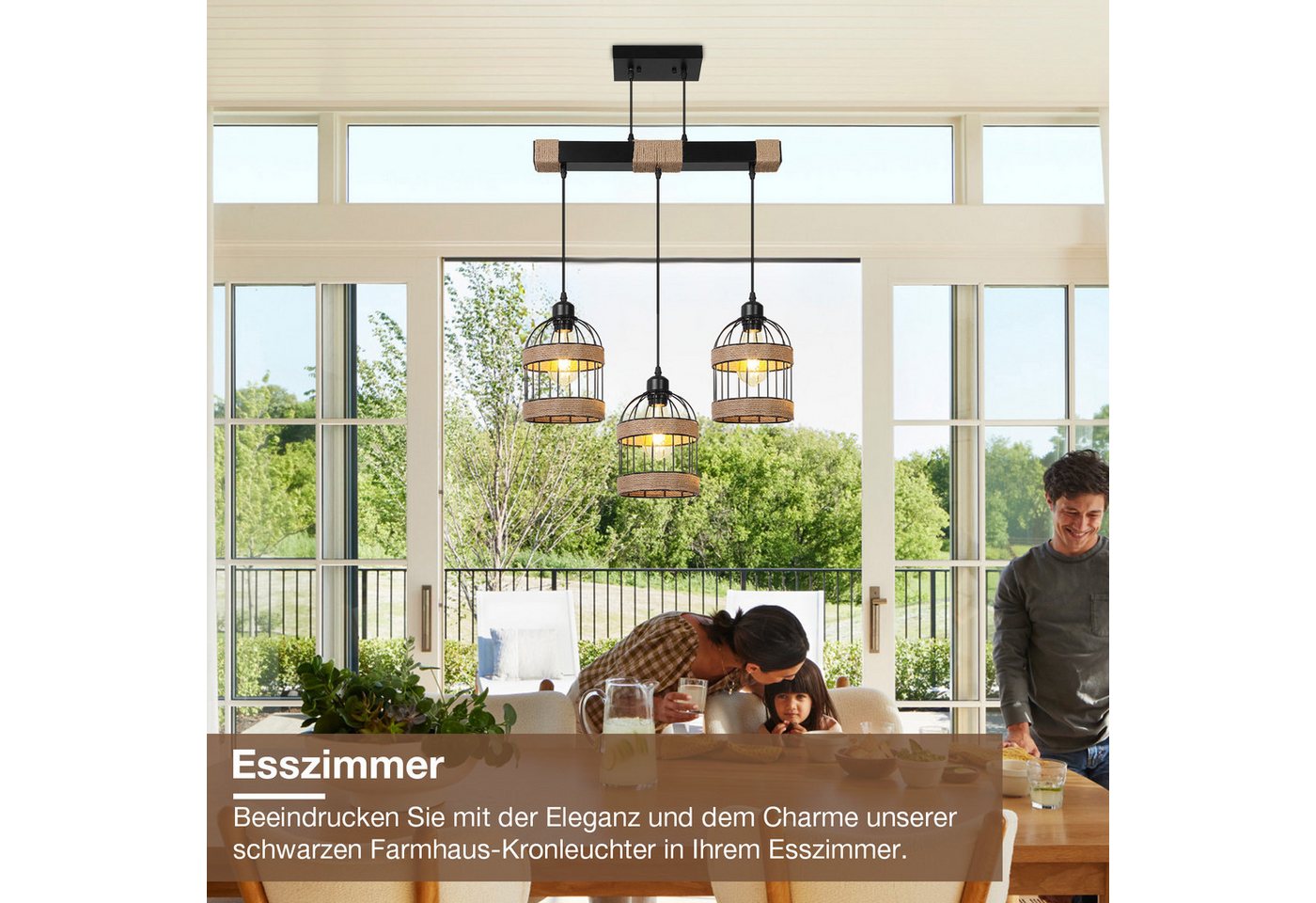 Rosnek LED Pendelleuchte 3-flammige Rattan Küchen Pendelleuchte, Höhenverstellbar & DIY, Halogen, warmweiß, Farmhouse Hängelampe für Kitchen Island & Esszimmer, Leuchtmittel inkl Bild 4
