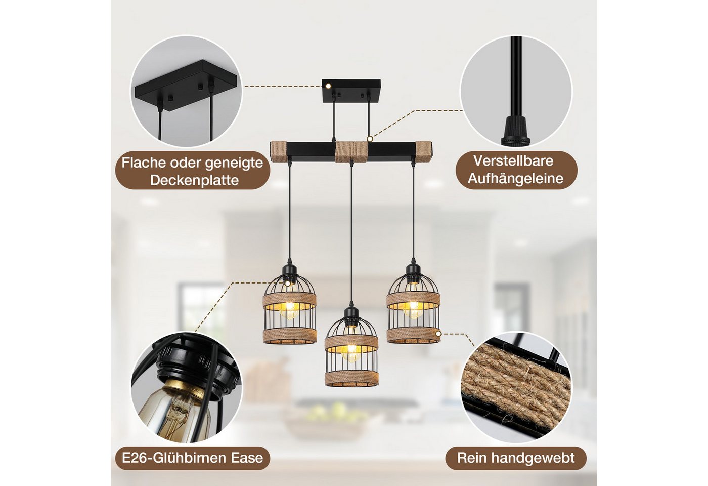 Rosnek LED Pendelleuchte 3-flammige Rattan Küchen Pendelleuchte, Höhenverstellbar & DIY, Halogen, warmweiß, Farmhouse Hängelampe für Kitchen Island & Esszimmer, Leuchtmittel inkl Bild 5