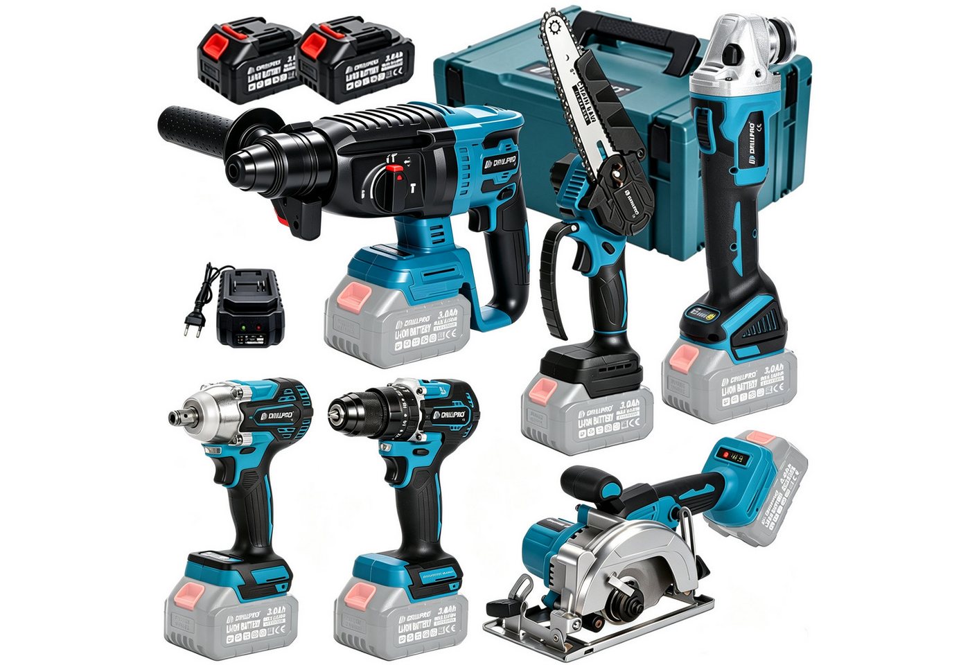 Insma Akku-Schlagbohrmaschine 6 IN 1 Multi Elektrowerkzeugsatz Bürstenlos 18V, (125mm Winkelschleifer, Schlagbohrmaschine, Schlagschrauber, Winkelschleifer, Handkreissäge, Bohrhammer), inkl. 2 Akkus, 1 Ladegerät und Koffer