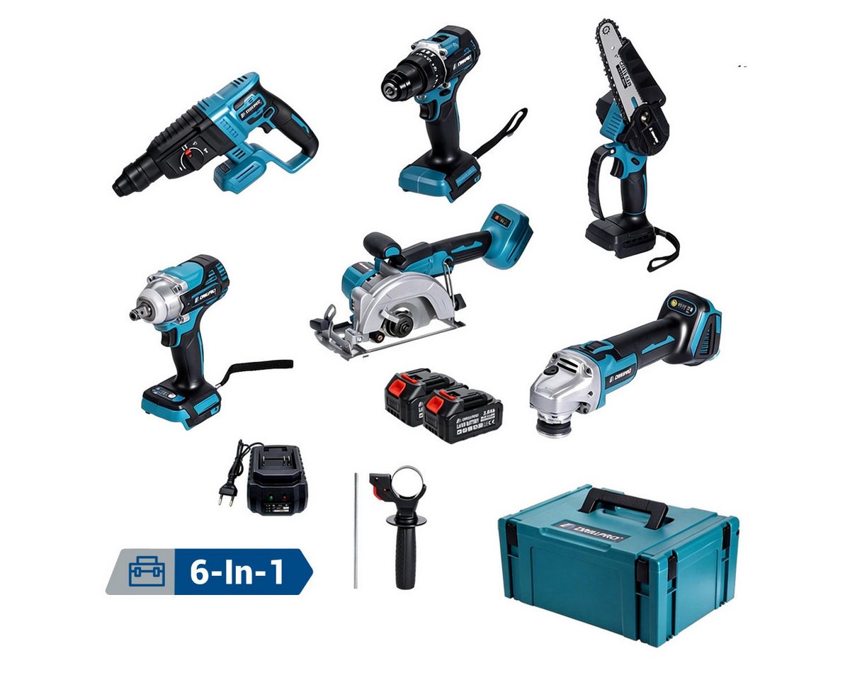 Insma Akku-Schlagbohrmaschine 6 IN 1 Multi Elektrowerkzeugsatz Bürstenlos 18V, (125mm Winkelschleifer, Schlagbohrmaschine, Schlagschrauber, Winkelschleifer, Handkreissäge, Bohrhammer), inkl. 2 Akkus, 1 Ladegerät und Koffer Bild 2