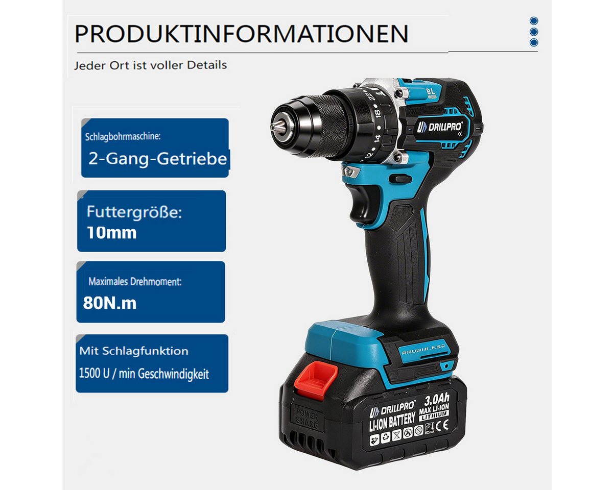 Insma Akku-Schlagbohrmaschine 6 IN 1 Multi Elektrowerkzeugsatz Bürstenlos 18V, (125mm Winkelschleifer, Schlagbohrmaschine, Schlagschrauber, Winkelschleifer, Handkreissäge, Bohrhammer), inkl. 2 Akkus, 1 Ladegerät und Koffer Bild 3