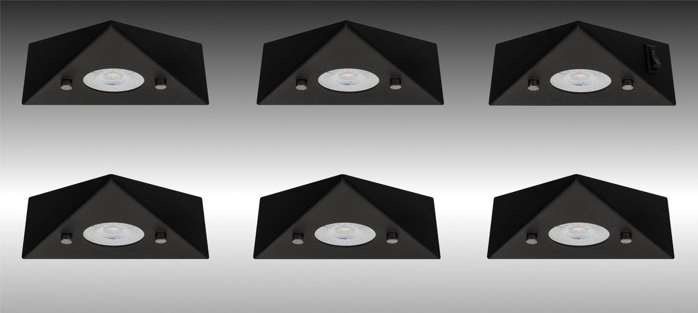TRANGO LED Unterbauleuchte, 6er Set 6740-65 LED-Küchenunterbauleuchte aus Edelstahl in Matt-Schwarz *COOK* LED Einbauleuchte - Einbaustrahler inkl. 6x 4,8 Watt LED Modul 3000K warmweiß - direkt 230 Volt - beliebig erweiterbar, Schalter - Dreieckleuchte – Schrankleuchte