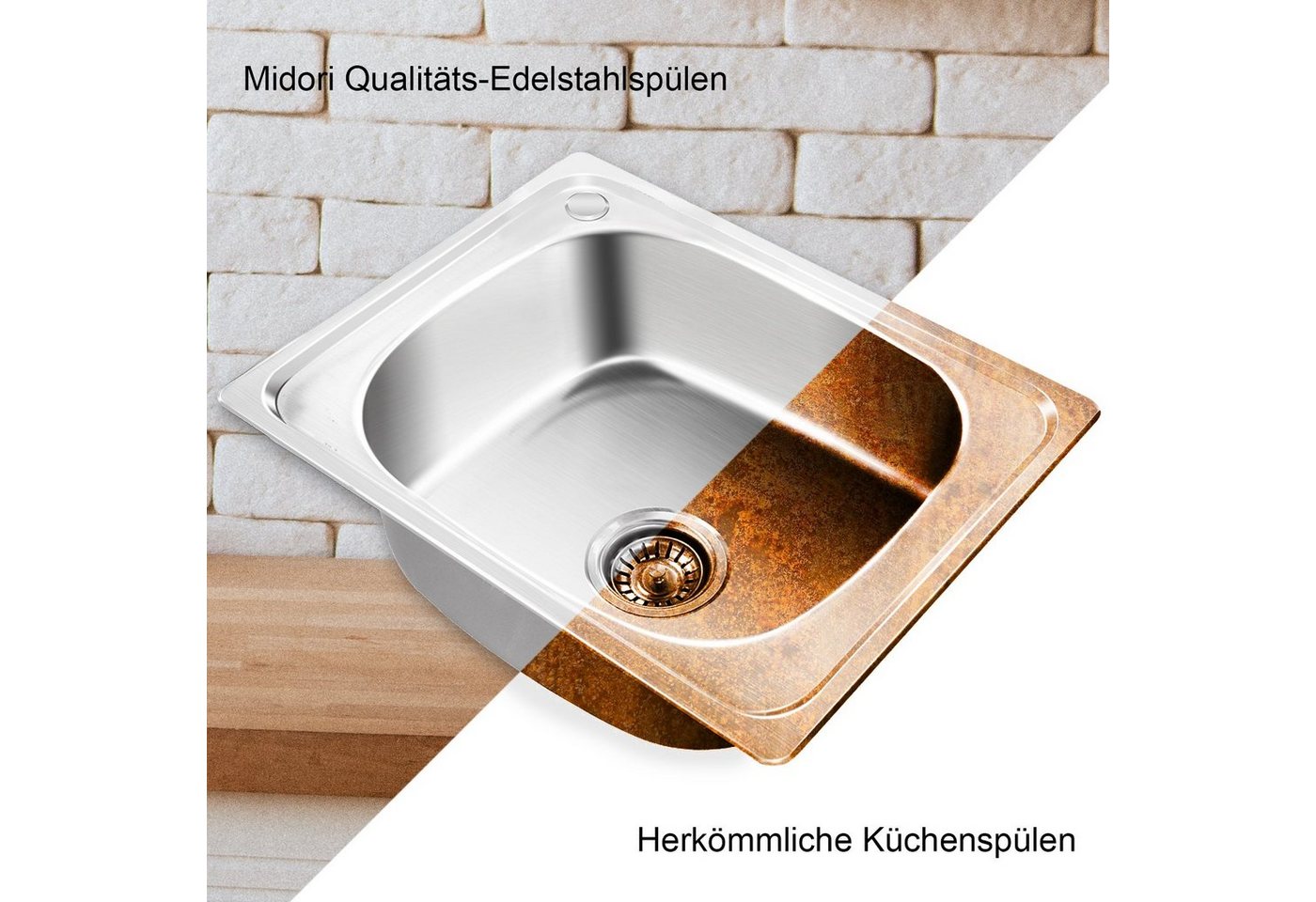 Midori Edelstahlspüle, Rund, 490/150 cm, (1 St), Einbauspüle Küchenspüle Spülbecken Spüle Edelstahl rund 49cm Ø