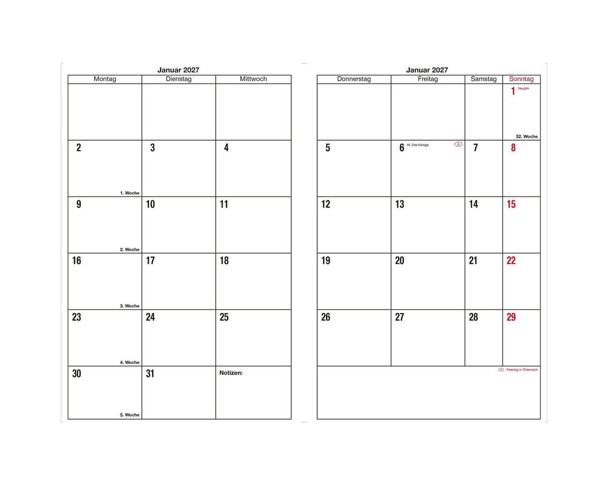GÜSS Kalender Buchkalender Monatsübersicht 15x21cm 1 Monat/2 Seiten Softcover schwarz 2027