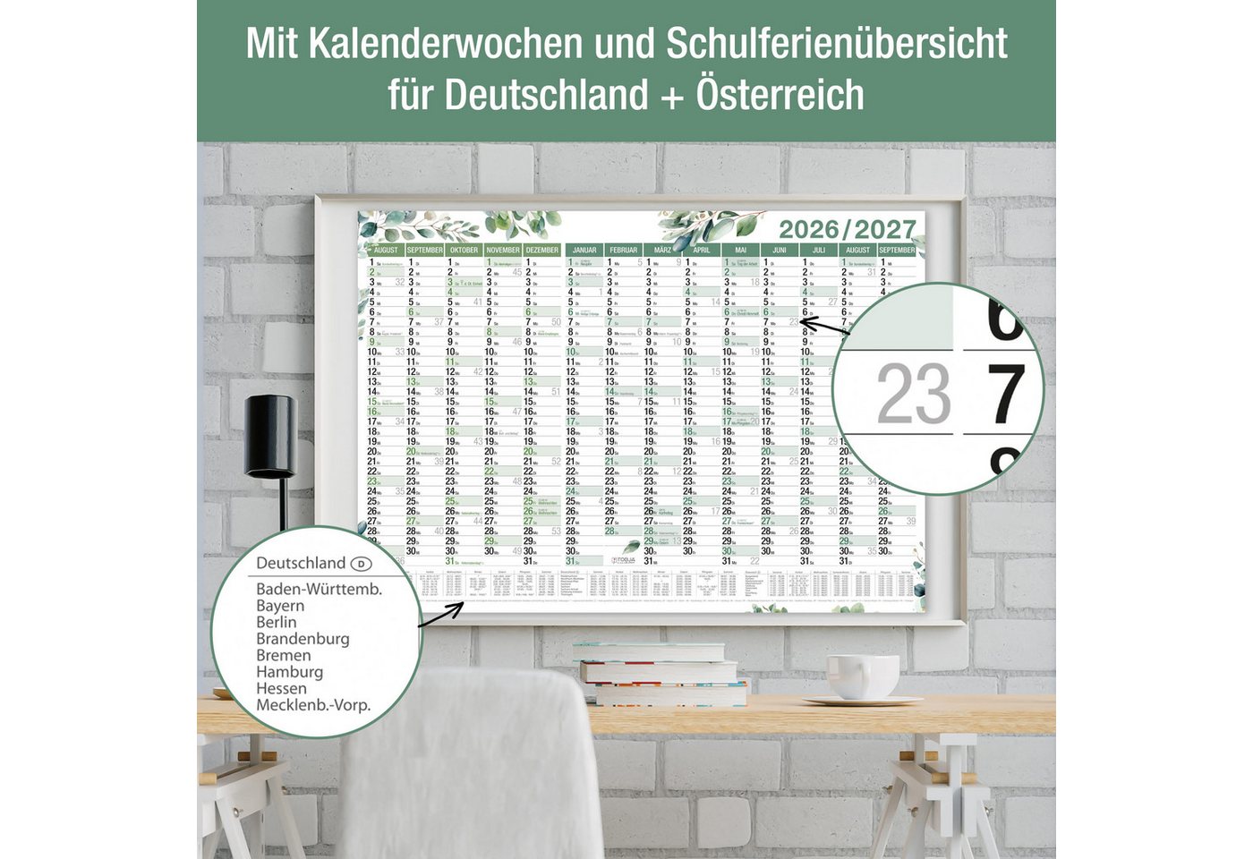 TOBJA Wandkalender Schuljahreskalender A1 2026/2027 "Eukalyptus" 14 Monate Jahresplaner, Wandkalender, Jahresplaner Ferien & Feiertage DE/AT Bild 2