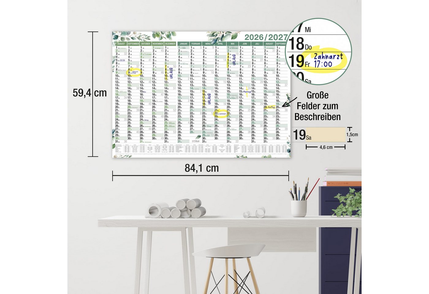 TOBJA Wandkalender Schuljahreskalender A1 2026/2027 "Eukalyptus" 14 Monate Jahresplaner, Wandkalender, Jahresplaner Ferien & Feiertage DE/AT Bild 3