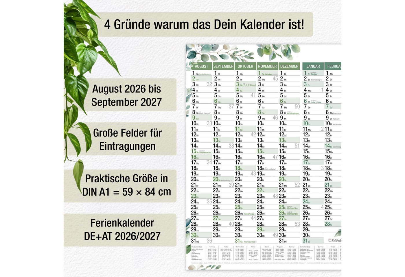 TOBJA Wandkalender Schuljahreskalender A1 2026/2027 "Eukalyptus" 14 Monate Jahresplaner, Wandkalender, Jahresplaner Ferien & Feiertage DE/AT Bild 4