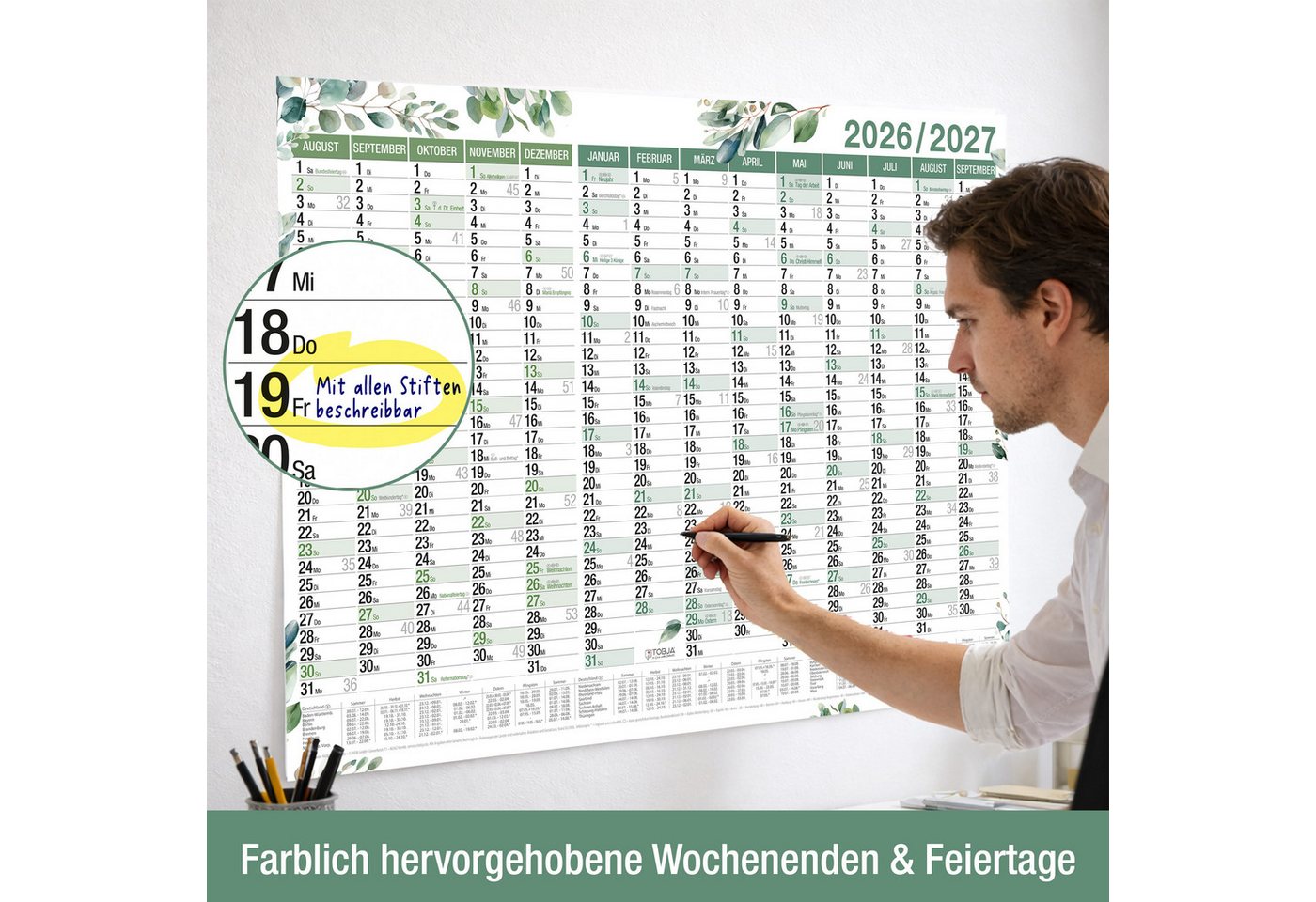 TOBJA Wandkalender Schuljahreskalender A1 2026/2027 "Eukalyptus" 14 Monate Jahresplaner, Wandkalender, Jahresplaner Ferien & Feiertage DE/AT Bild 5