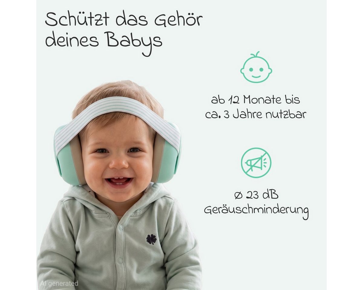 Zamboo Kapselgehörschutz Mint, Baby Gehörschutz ab 12 Monate Verstellbarer Kinder Lärmschutz