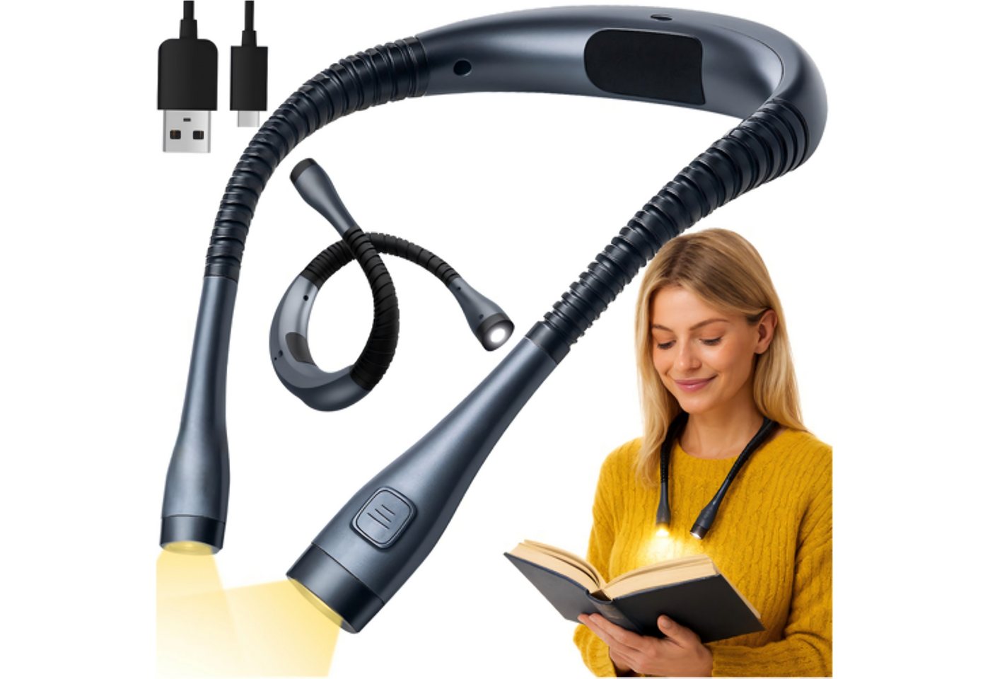 Fyrove LED Leselampe Nackenleuchte mit flexiblen Armen, Akku, Buchlicht für Lesen, Handarbeit, Camping und Reisen, 3 Lichtfarben, 3 Helligkeiten, flexible Arme, 1000-mAh-Akku