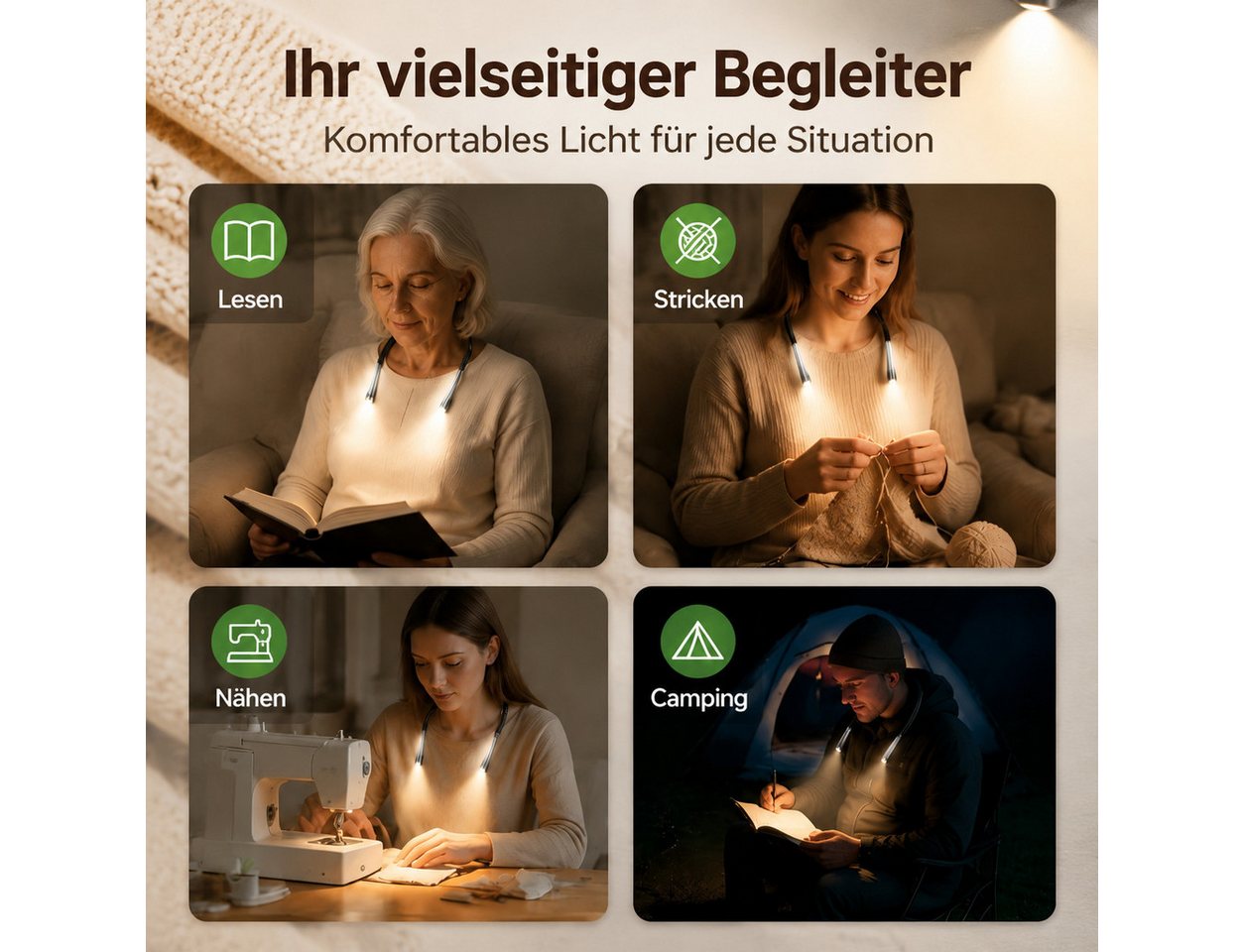 Fyrove LED Leselampe Nackenleuchte mit flexiblen Armen, Akku, Buchlicht für Lesen, Handarbeit, Camping und Reisen, 3 Lichtfarben, 3 Helligkeiten, flexible Arme, 1000-mAh-Akku Bild 3