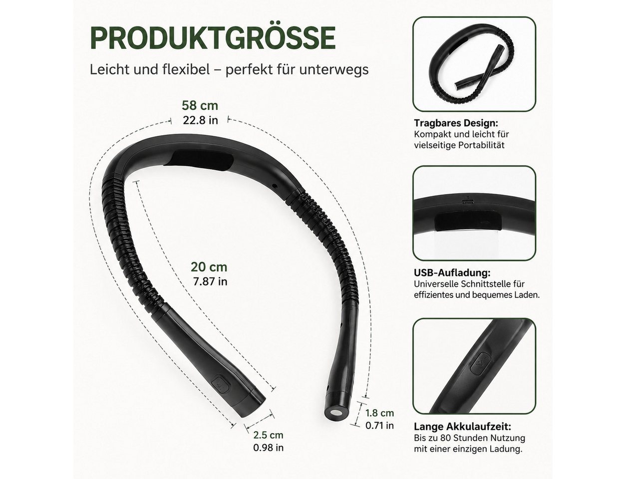 Fyrove LED Leselampe Nackenleuchte mit flexiblen Armen, Akku, Buchlicht für Lesen, Handarbeit, Camping und Reisen, 3 Lichtfarben, 3 Helligkeiten, flexible Arme, 1000-mAh-Akku Bild 4