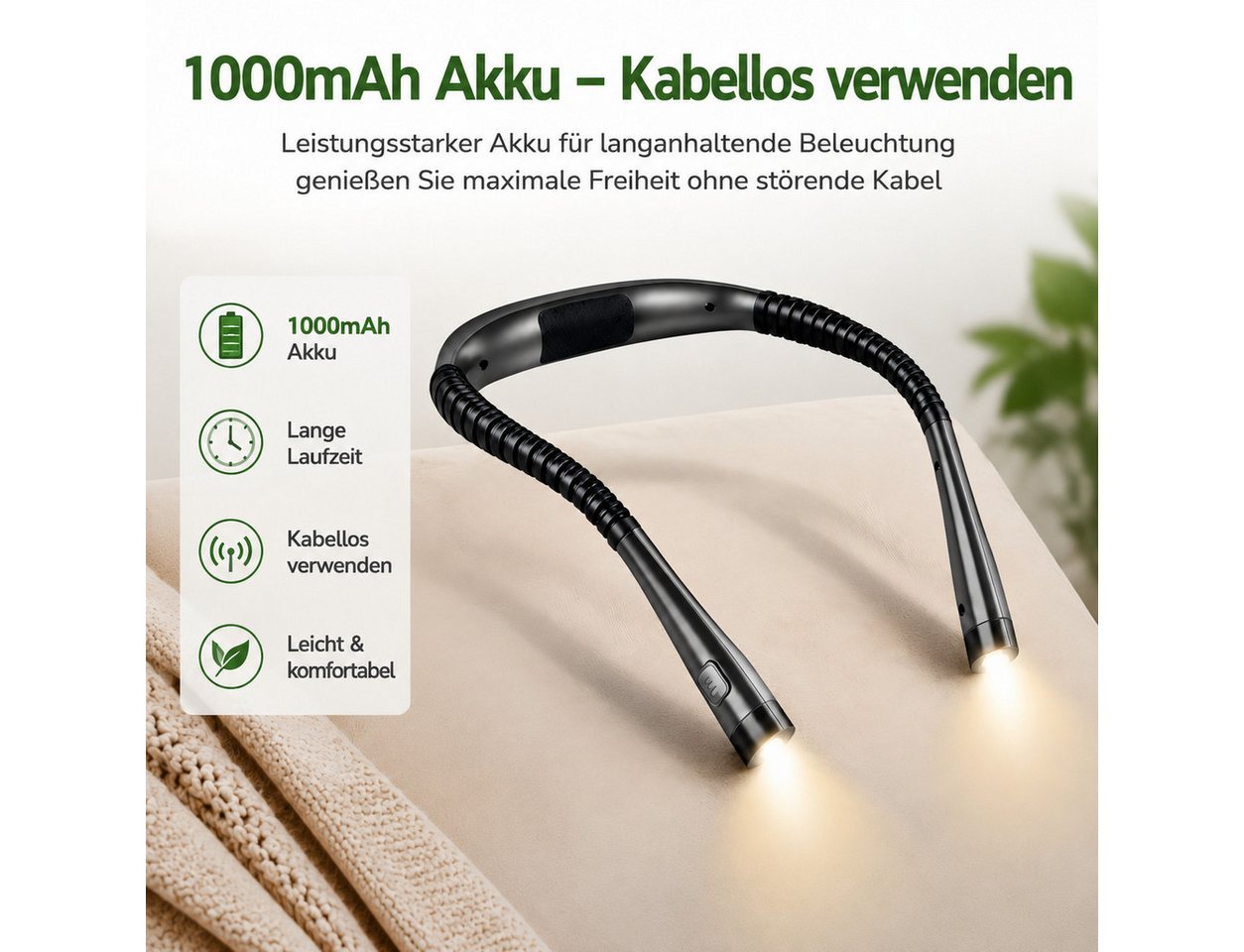 Fyrove LED Leselampe Nackenleuchte mit flexiblen Armen, Akku, Buchlicht für Lesen, Handarbeit, Camping und Reisen, 3 Lichtfarben, 3 Helligkeiten, flexible Arme, 1000-mAh-Akku Bild 5