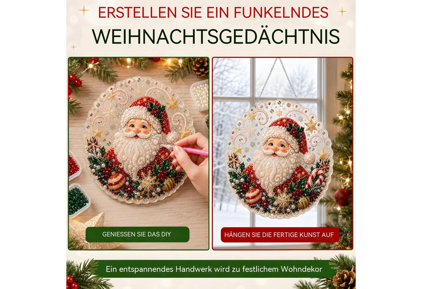 Bomiclss Kreativset Diamond-Painting-Set„Weihnachtsperle“für Erwachsene–Dekorationsartikel, Acryl-Hängeornament mit 3D-Perlen & Metallkette für Fenster & Wand