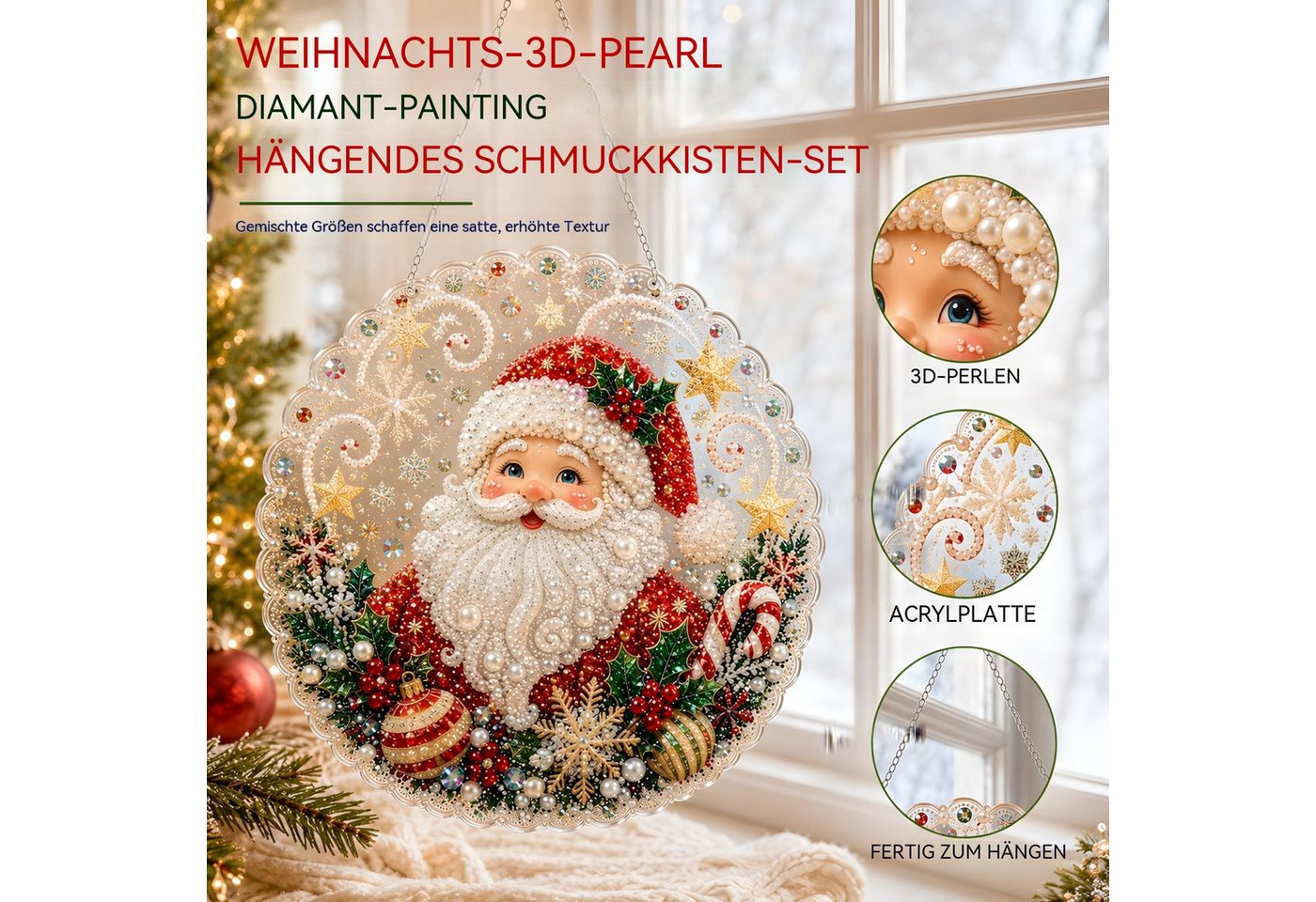 Bomiclss Kreativset Diamond-Painting-Set„Weihnachtsperle“für Erwachsene–Dekorationsartikel, Acryl-Hängeornament mit 3D-Perlen & Metallkette für Fenster & Wand Bild 2