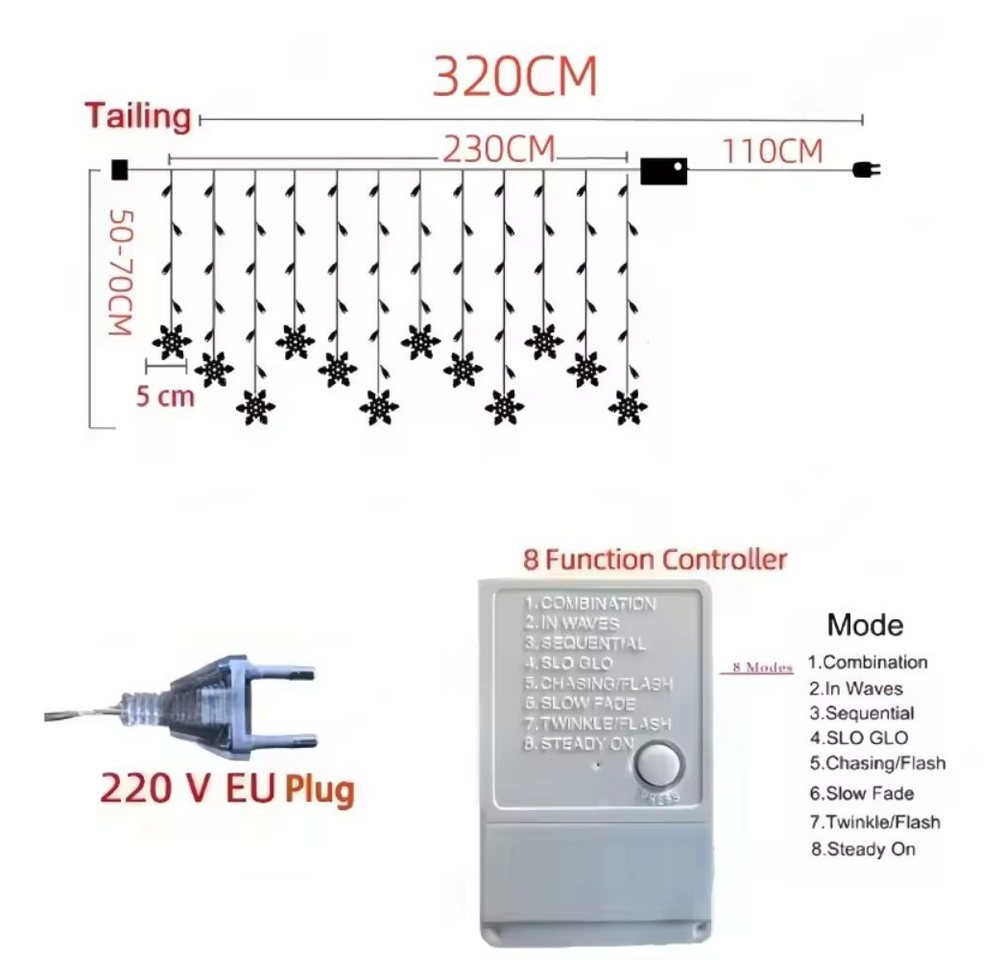 Montegoni Lichterkette Schneefloken Lichtvorhang 2,3m 8 Modi und EU-Stecker für Innenräume, 8 Programme, wasserabweisende Elemente, EU-Stecker Bild 2