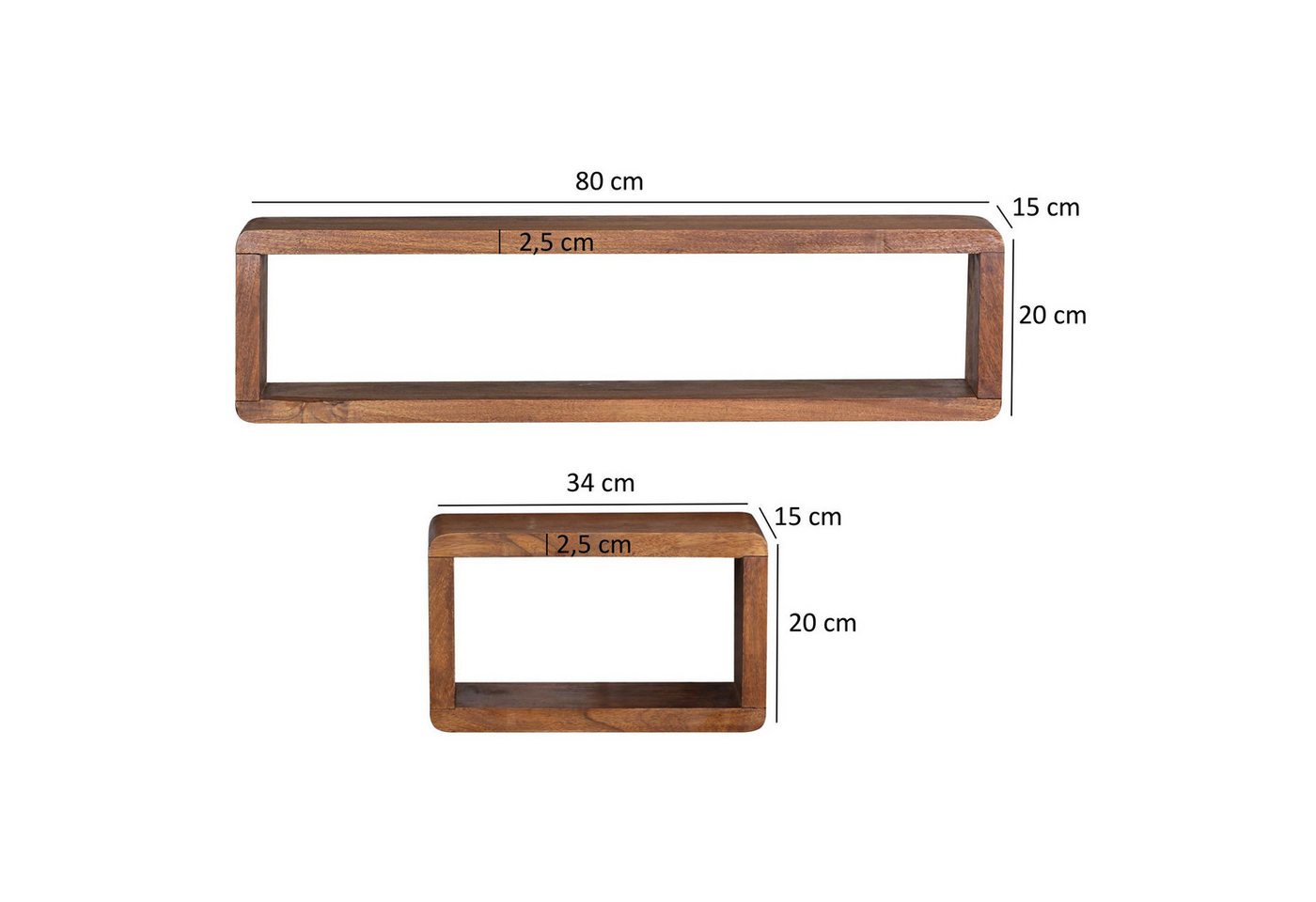 furnicato Wandregal Set 80/34x20x15 cm Massivholz, Walnuss Finish, Handgefertigte Wandboard-Regale mit Ablage für dein Wohnzimmer Bild 3