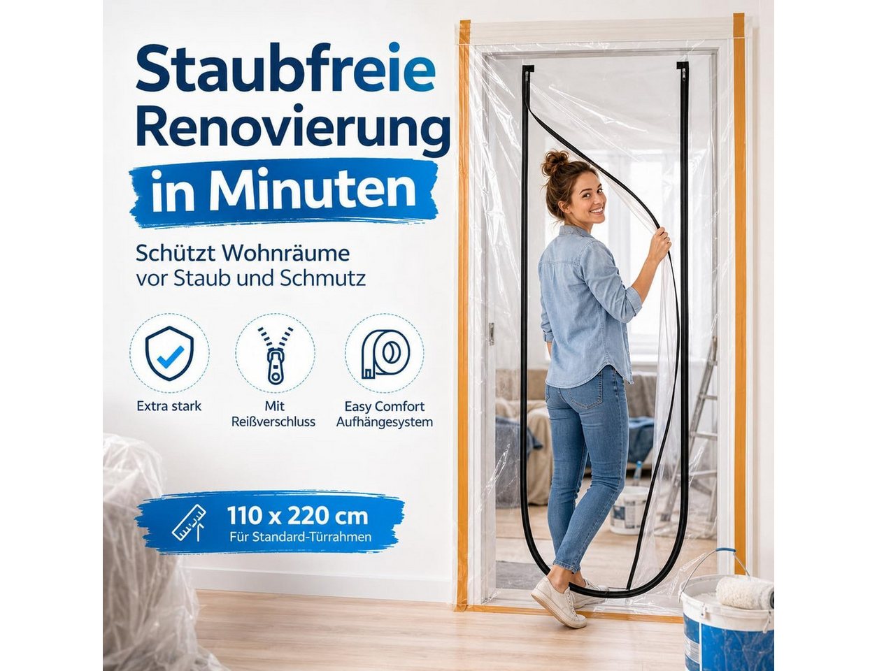 TK Gruppe Staubschutztür Staubschutz Folientür 110 x 220 cm – Reißverschluss & Easy Comfort, (1-St)