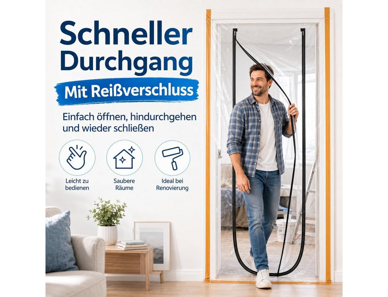 TK Gruppe Staubschutztür Staubschutz Folientür 110 x 220 cm – Reißverschluss & Easy Comfort, (1-St) Bild 3