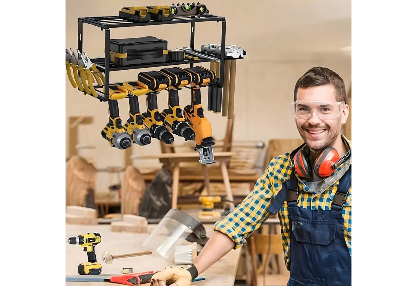 Realb2b Werkzeughalter Garage Wandregal Aufhänger Organizer Werkstattregal Metall 40cm, Einzelset Werkzeugregal für Elektrowerkzeuge, Stabiles Werkzeugregal aus Metall mit Halterungen für Werkzeuge, Robustes Wandregal aus Metall zur Aufbewahrung von Elektrowerkzeugen