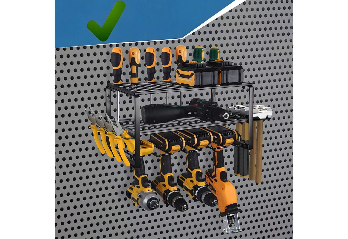 Realb2b Werkzeughalter Garage Wandregal Aufhänger Organizer Werkstattregal Metall 40cm, Einzelset Werkzeugregal für Elektrowerkzeuge, Stabiles Werkzeugregal aus Metall mit Halterungen für Werkzeuge, Robustes Wandregal aus Metall zur Aufbewahrung von Elektrowerkzeugen Bild 3