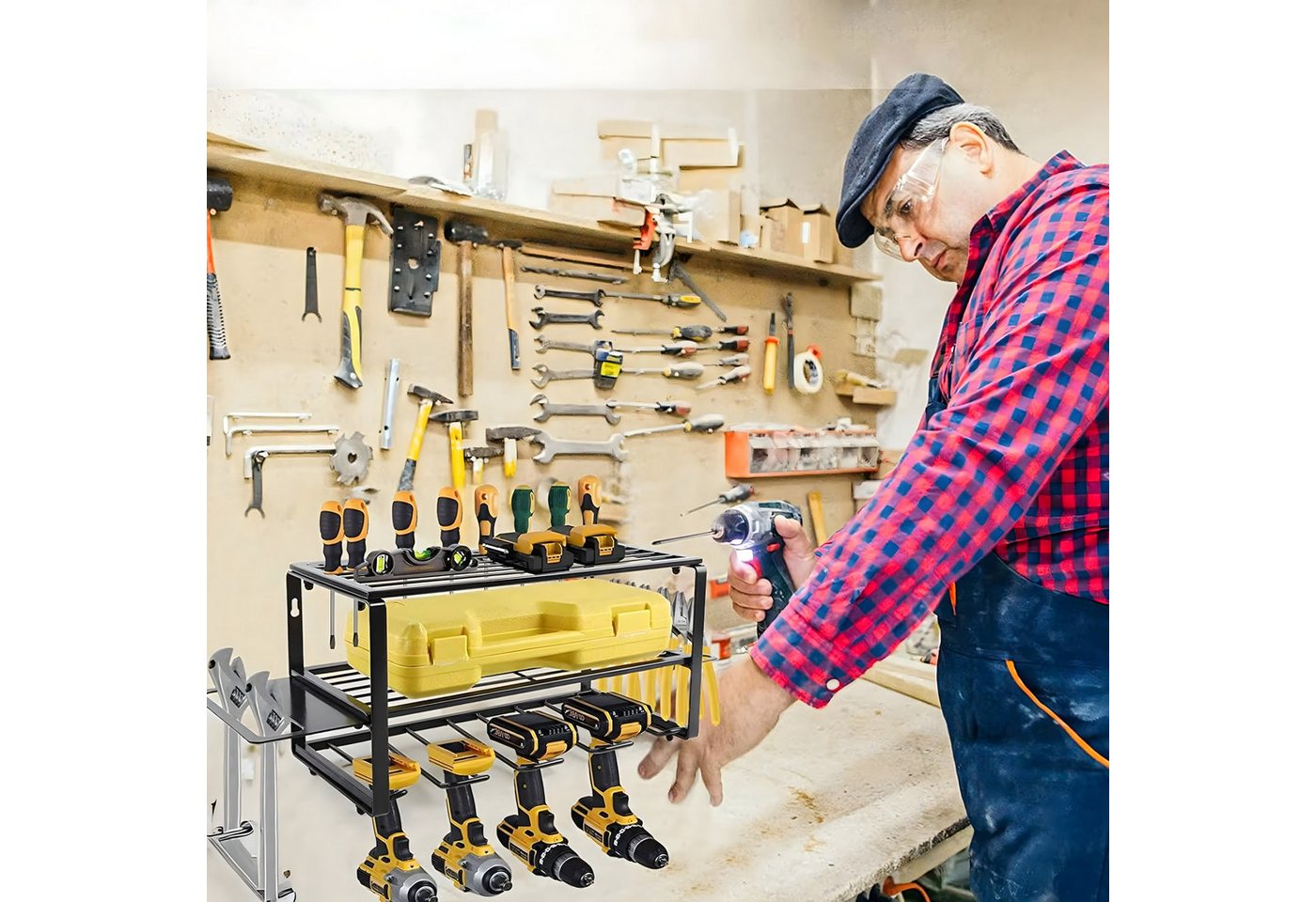 Realb2b Werkzeughalter Garage Wandregal Aufhänger Organizer Werkstattregal Metall 40cm, Einzelset Werkzeugregal für Elektrowerkzeuge, Stabiles Werkzeugregal aus Metall mit Halterungen für Werkzeuge, Robustes Wandregal aus Metall zur Aufbewahrung von Elektrowerkzeugen Bild 4
