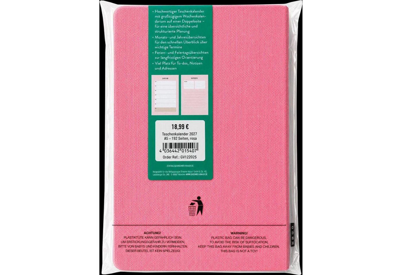 groh Verlag Taschenkalender Taschenkalender A5 2027: Blütenmotiv, bestickt, rosa