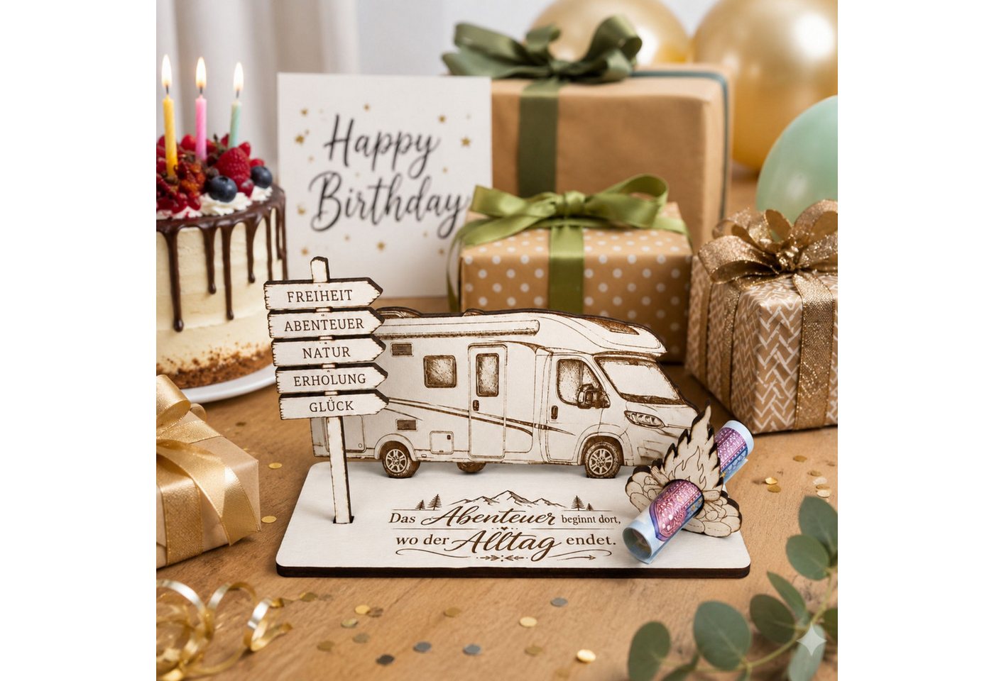 Dekolando Geschenkkarte Geldgeschenk Wohnmobil Reisegutschein mit Wegweiser 15 x 8 cm