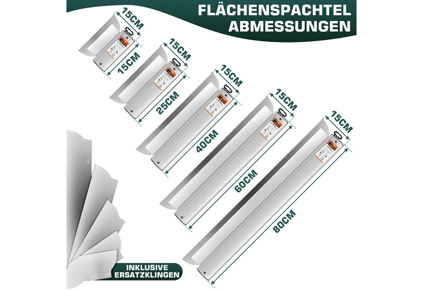 XERSEK Flächenspachtel Spachtel Flächenspachtel Set 15-80cm-Edelstahl-Klingen Teleskopstangec (Verlängerter Aluminiumgriff, Schnellwechsel, Verstellbar & Arretierung, 5 Klingen: 15/25/40/60/80cm-St) Multifunktionsspachtel Für Verputzen Kratzen Glätten von Wänden