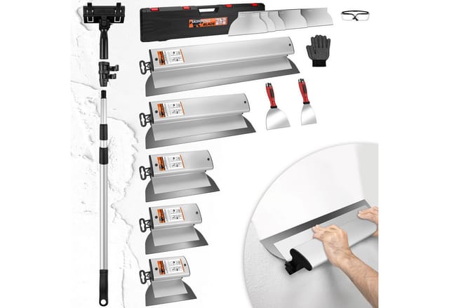 XERSEK Flächenspachtel Spachtel Flächenspachtel Set 15-80cm-Edelstahl-Klingen Teleskopstangec (Verlängerter Aluminiumgriff, Schnellwechsel, Verstellbar & Arretierung, 5 Klingen: 15/20/25/40/60cm-St) Multifunktionsspachtel Für Verputzen Kratzen Glätten von Wänden