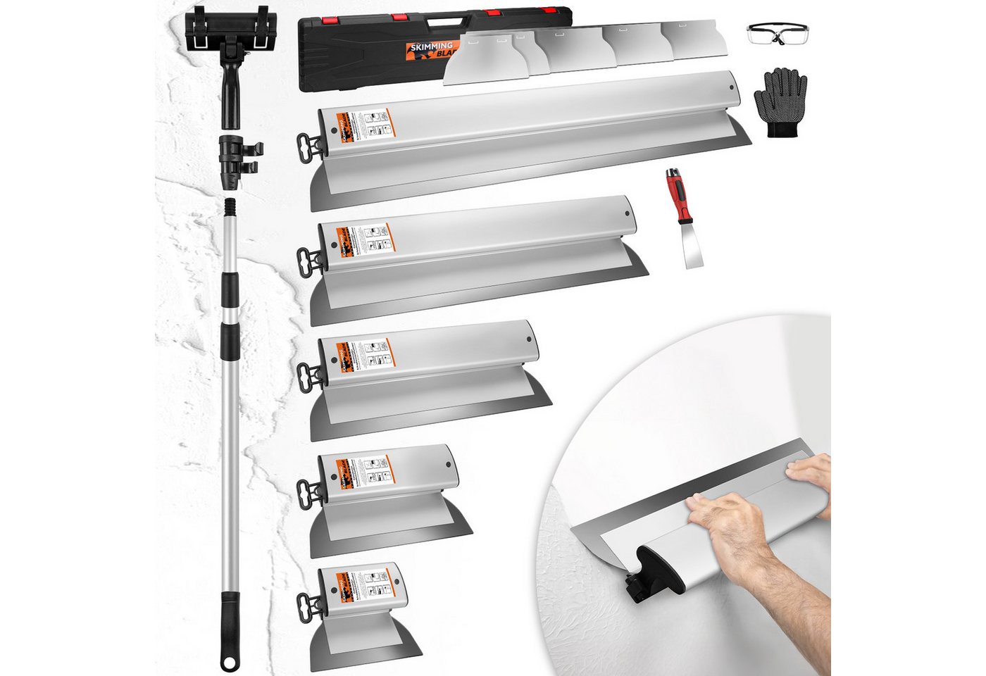 XERSEK Flächenspachtel Spachtel Flächenspachtel Set 15-80cm-Edelstahl-Klingen Teleskopstangec (Verlängerter Aluminiumgriff, Schnellwechsel, Verstellbar & Arretierung, 5 Klingen: 15/25/40/60/80cm-St) Multifunktionsspachtel Für Verputzen Kratzen Glätten von Wänden Bild 2