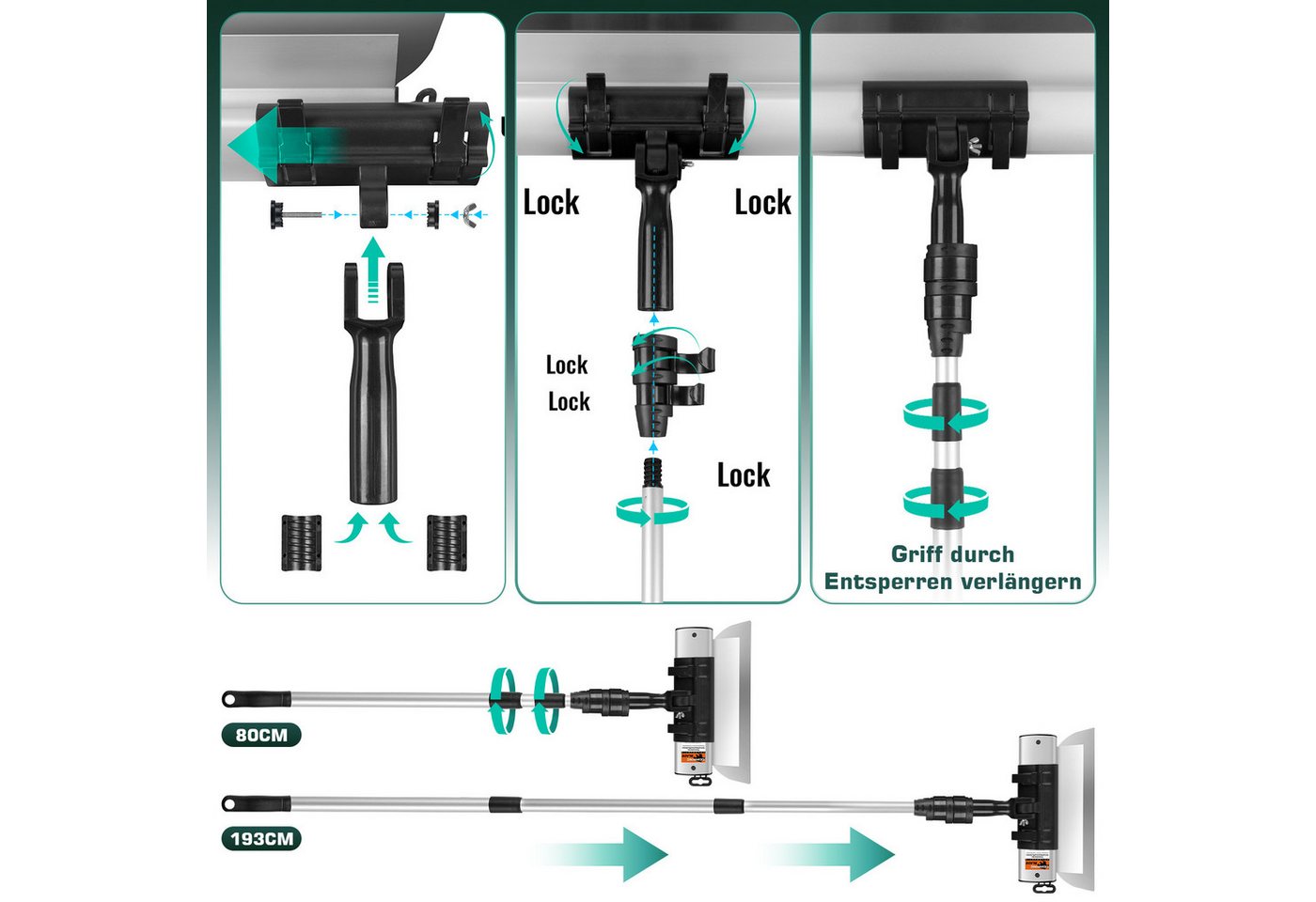 XERSEK Flächenspachtel Spachtel Flächenspachtel Set 15-80cm-Edelstahl-Klingen Teleskopstangec (Verlängerter Aluminiumgriff, Schnellwechsel, Verstellbar & Arretierung, 5 Klingen: 15/25/40/60/80cm-St) Multifunktionsspachtel Für Verputzen Kratzen Glätten von Wänden Bild 3