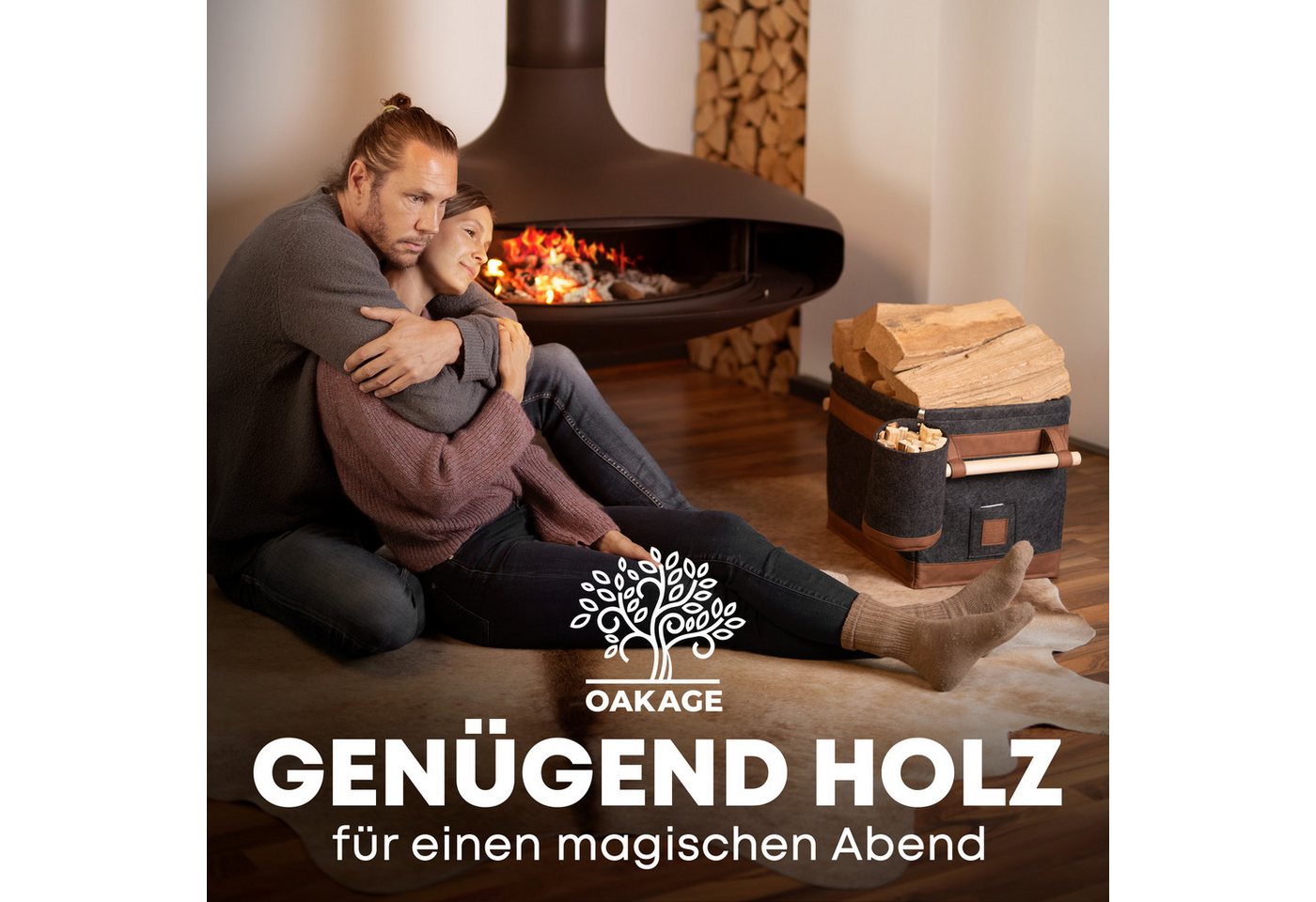 OAKAGE Kaminholzkorb Holzkorb für Kaminholz Groß mit Lederboden Feuerholzkorb Kaminkorb (Set, 1 x Holzkorb + 1 x Zündholzkorb), Schmutzabweisendes Innenfutter und Lederboden